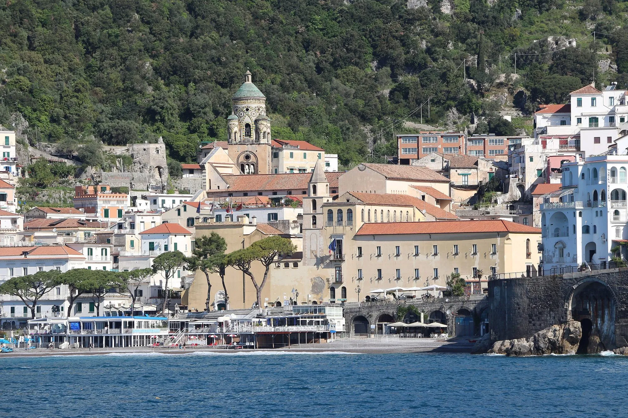 Amalfi and its harbour seen from the sea