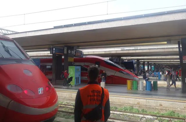 A Frecciarossa train leaving Roma Termini station heading south