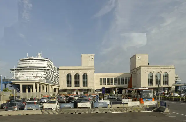Molo Beverello in Naples with hydrofoils moored and the Maschio Angioino behind