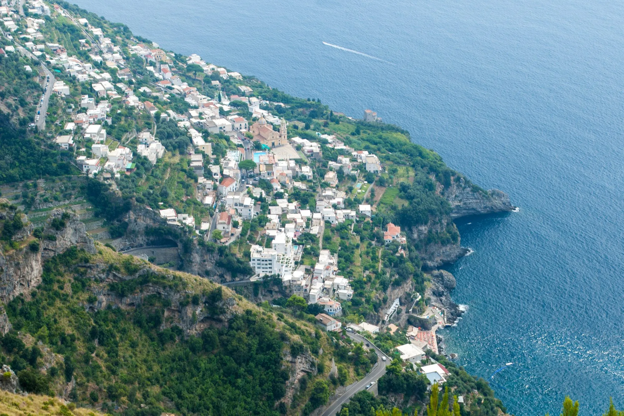 The Praiano shoreline from above with Marina di Praia