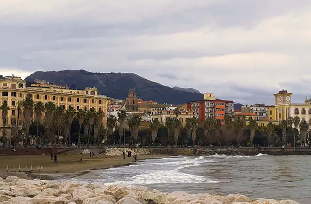 Salerno's seafront with the port and the coastline rising towards Vietri sul Mare