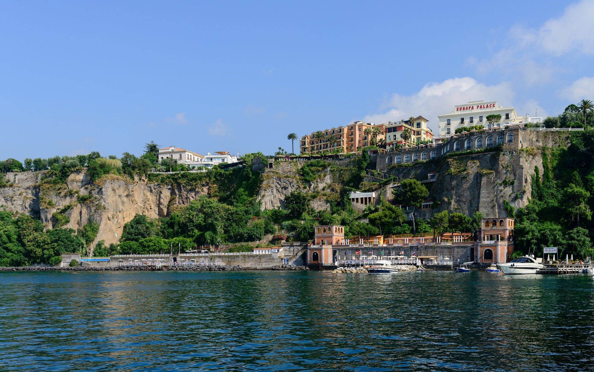 The cliffs of Sorrento seen from the sea, with buildings along the clifftop