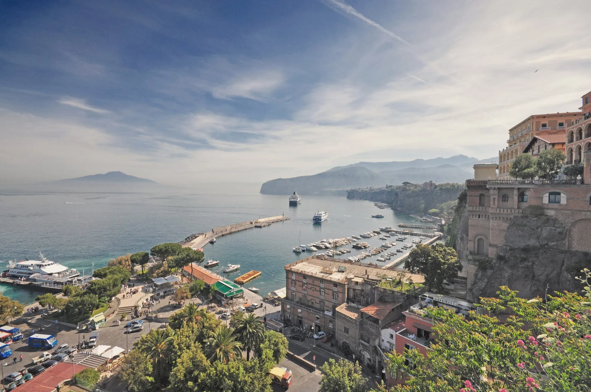 Marina Piccola harbour in Sorrento with ferries and ticket kiosks